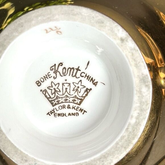 Vintage Taylor & Kent Large Pink Cabbage Rose Tea Cup Saucer Heavy Gold Signed - Picture 11 of 15